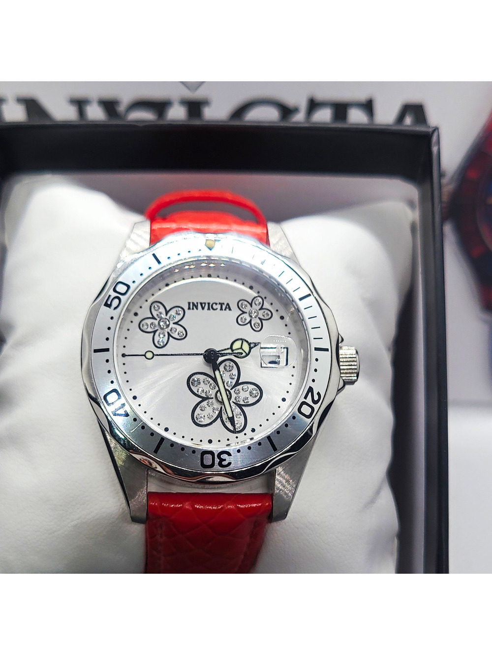 584  Invicta Angel Women's Quartz Analog Silver Floral Dial Red Leather Strap